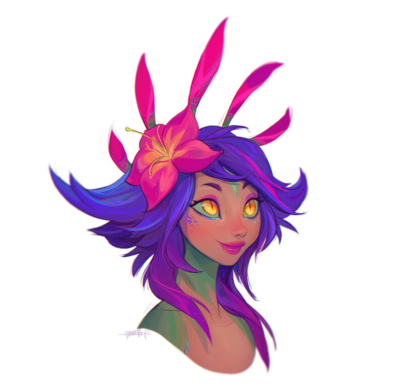 Female Character with Purple Hair — Calm, Digital Art