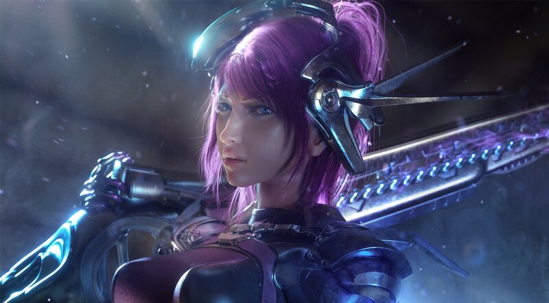 Female Character with Purple Hair — Dramatic, 3d Render, Sword