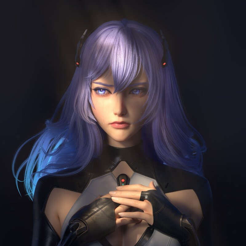 Female Character with Purple Hair — Dramatic, 3d Render, Tear