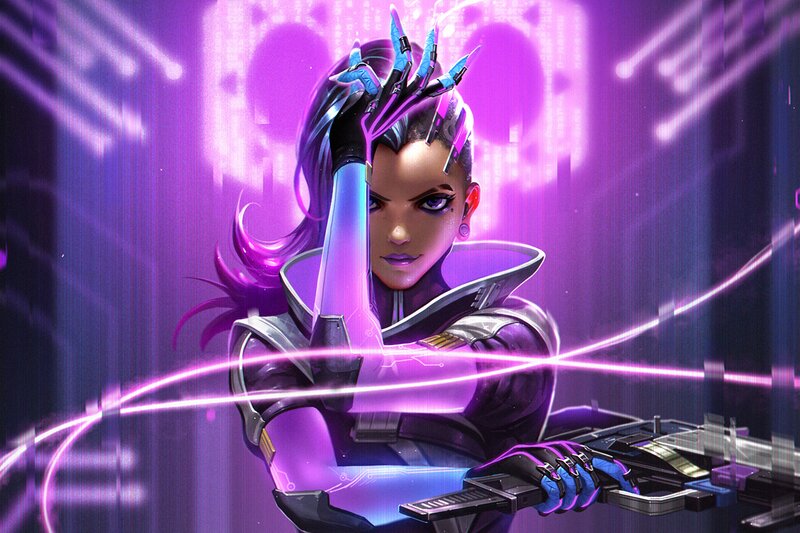 Female Character with Purple Hair — Dramatic, Digital Art, Cybernetic Arm