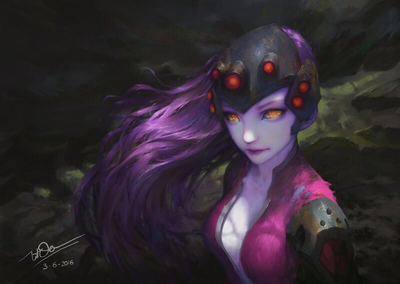 Female Character with Purple Hair — Dramatic, Digital Art, Helmet