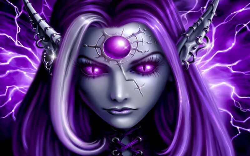 Female Character with Purple Hair — Dramatic, Digital Art, Purple Lightning