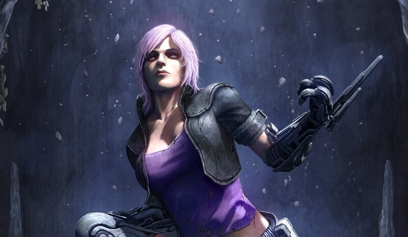 Female Character with Purple Hair — Dramatic, Digital Art, Weapon