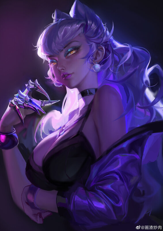 Female Character with Purple Hair — Dramatic, Night, Digital Art, Cat Ears