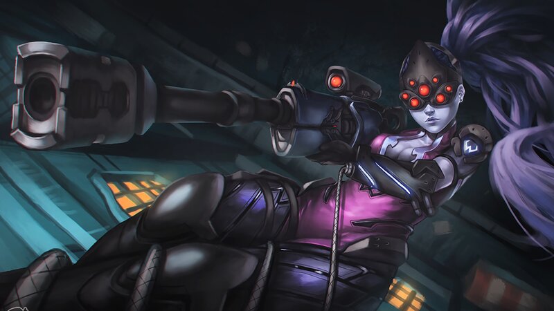 Female Character with Purple Hair — Dramatic, Night, Digital Art, Gun
