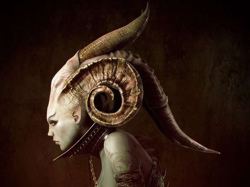 Female Character with Ram Horns — Brown, Dramatic