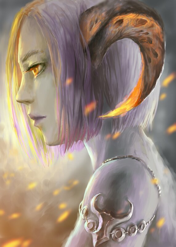 Female Character with Ram Horns — Purple