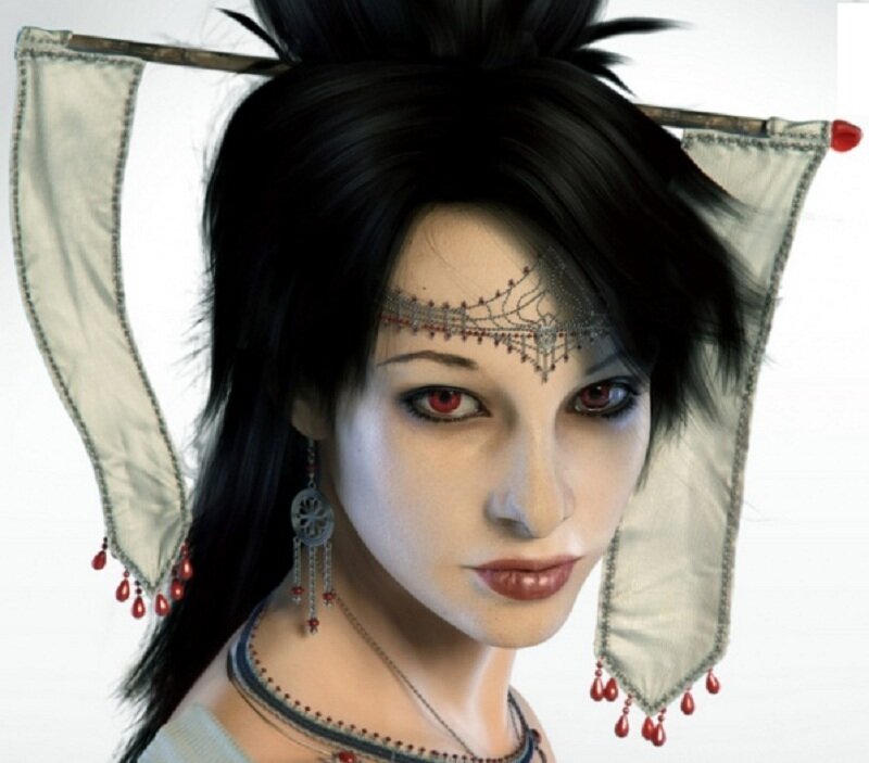 female character with red eyes