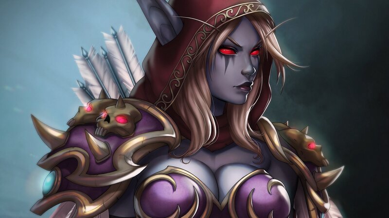 Female Character with Red Eyes — Purple, Dramatic, Digital Art, Skulls