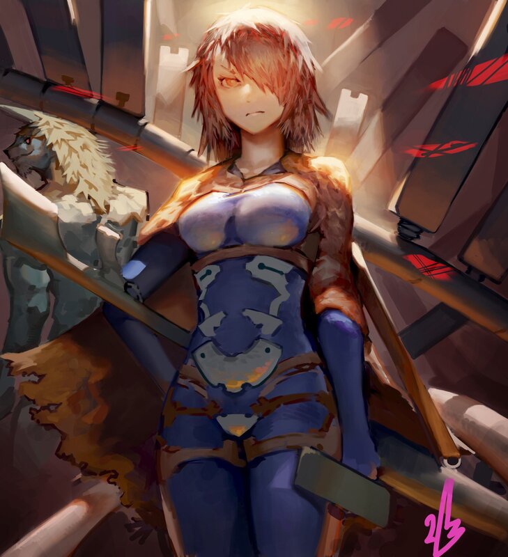 Female Character with Red Hair — Blue, Dramatic, Digital Art, Wolf-like Creature