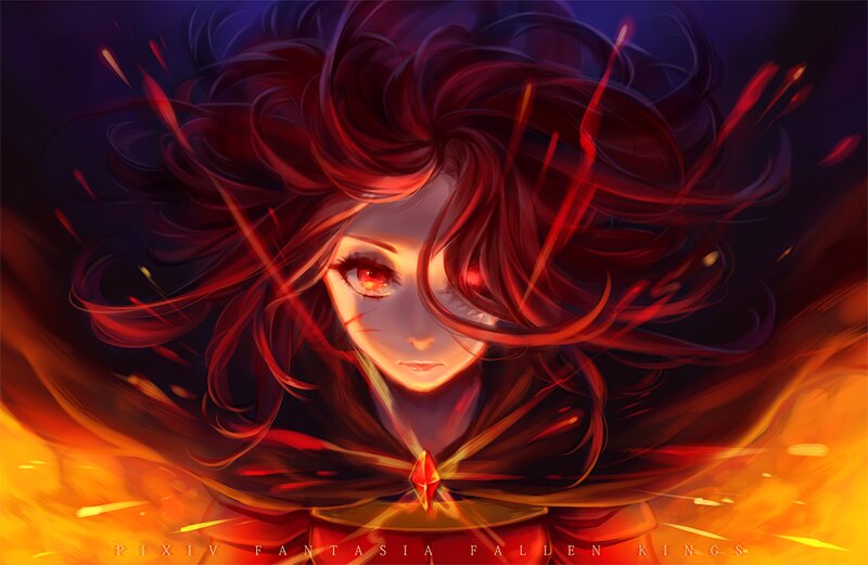 Female Character with Red Hair — Dramatic, Digital Art, Fire, Gemstone