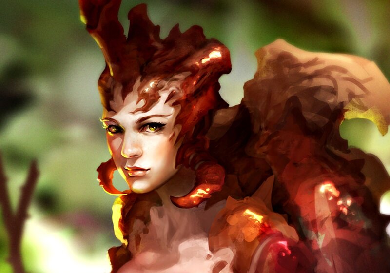 Female Character with Red Hair — Dramatic, Digital Art, Green Foliage
