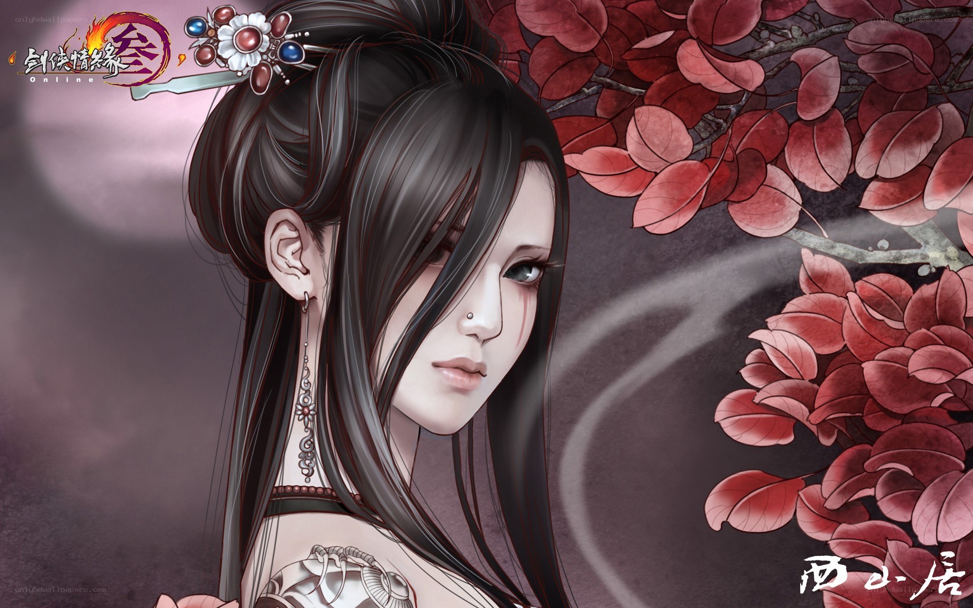 female character with red leaves