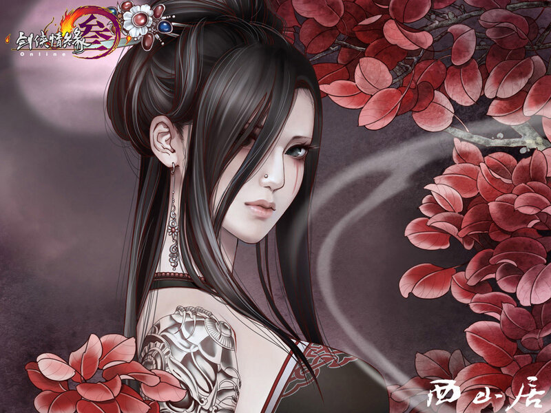 female character with red leaves