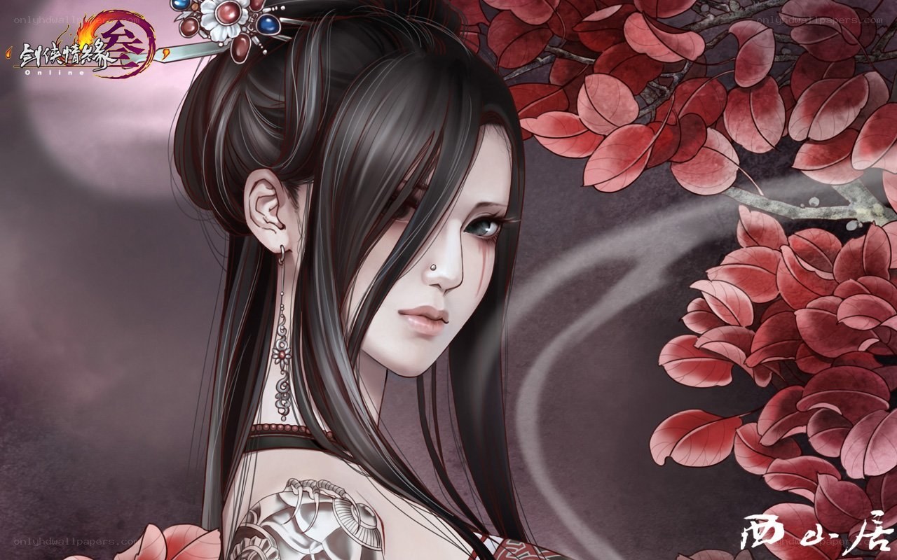female character with red leaves