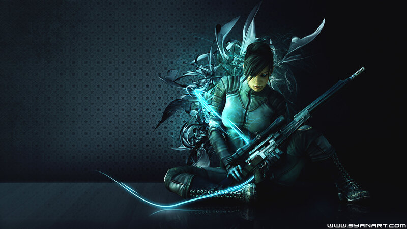 Female Character with Rifle — Black, Dramatic, Night