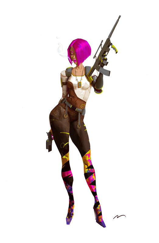 Female Character with Rifle — Purple, Confident, Digital Art, Gun