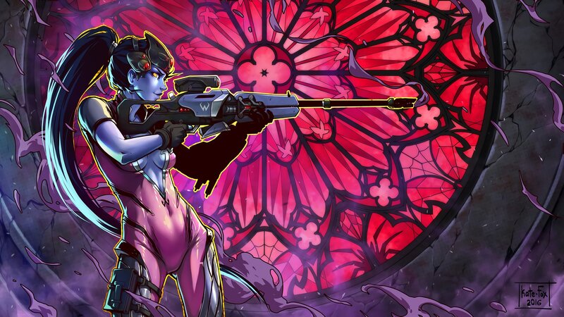 Female Character with Rifle — Purple, Dramatic, Digital Art, Stained Glass