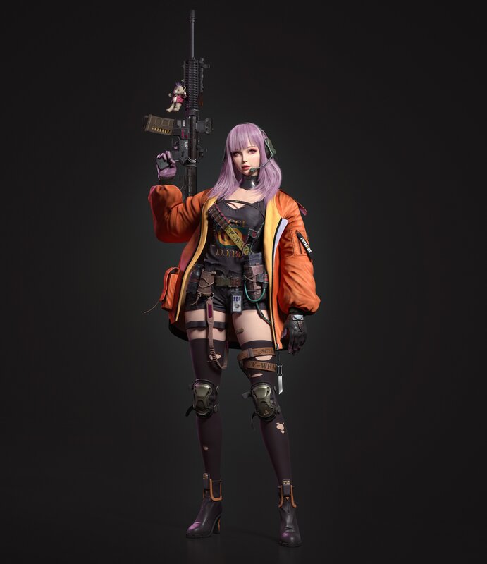 Female Character with Rifle — Purple, Serious