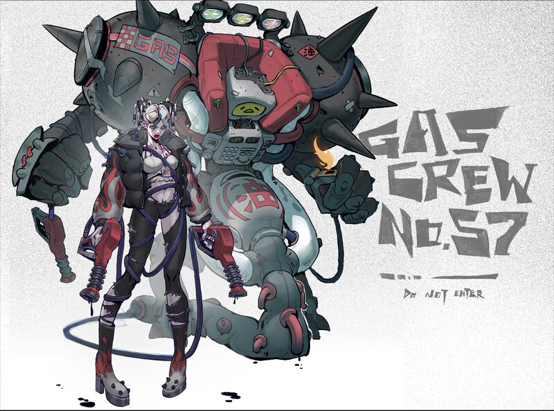 Female Character with Robot — Gray, Dystopian