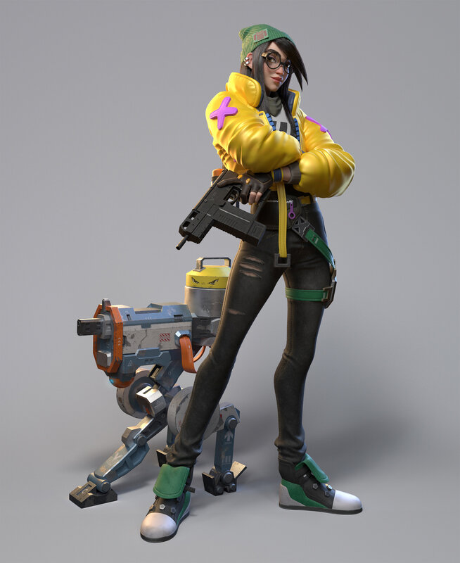 Female Character with Robot — Yellow, Confident