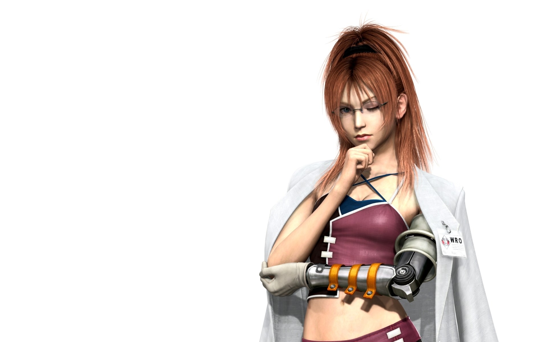 female character with robotic arm