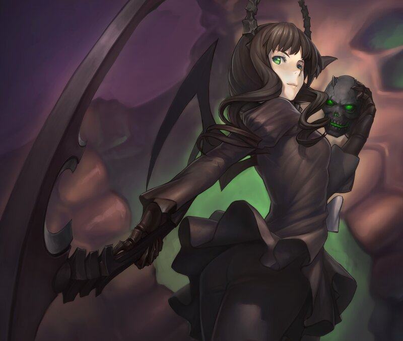 Female Character with Scythe — Purple, Dramatic, Digital Art, Skull