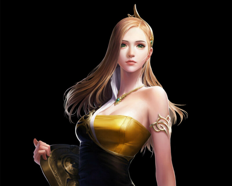 Female Character with Shield — Black, Dramatic