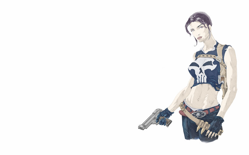 female character with skull shirt