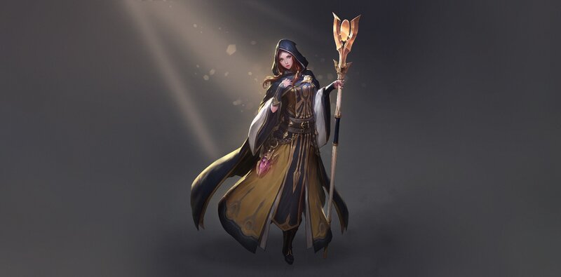 Female Character with Staff — Black, Dramatic, Digital Art, Cloak