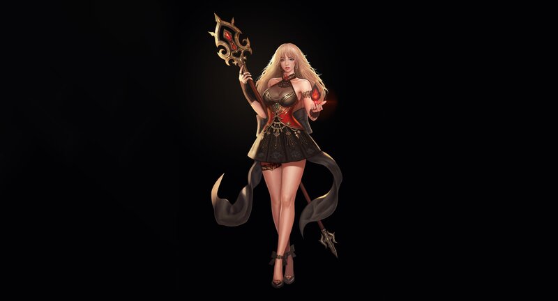 Female Character with Staff — Black, Dramatic, Digital Art, Skirt
