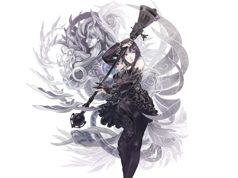 Female Character with Staff — Black, Dramatic, Digital Art, Wings