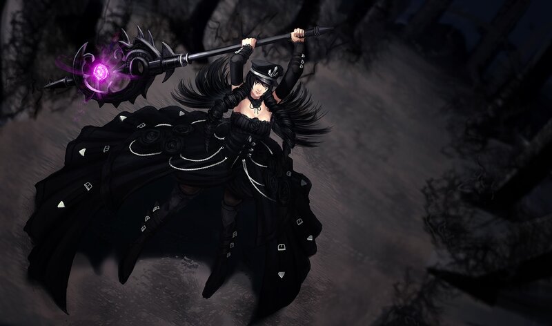 Female Character with Staff — Black, Dramatic, Night, Digital Art, Cloak, Forest