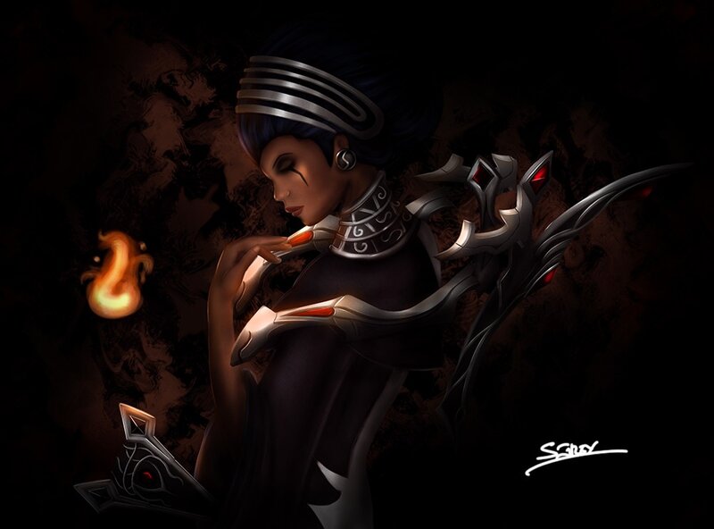 Female Character with Staff — Black, Dramatic, Night, Digital Art, Fire