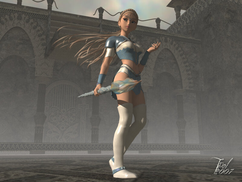 Female Character with Staff — Blue, Dramatic, 3d Render