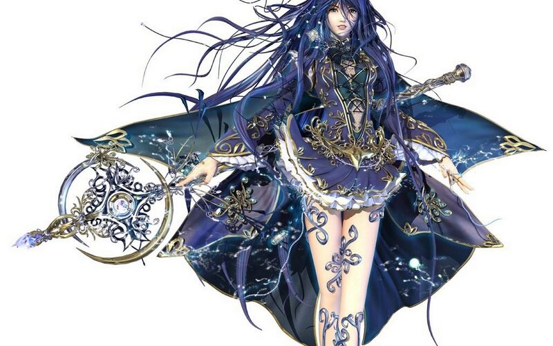 Female Character with Staff — Blue, Dramatic, Digital Art, Cape