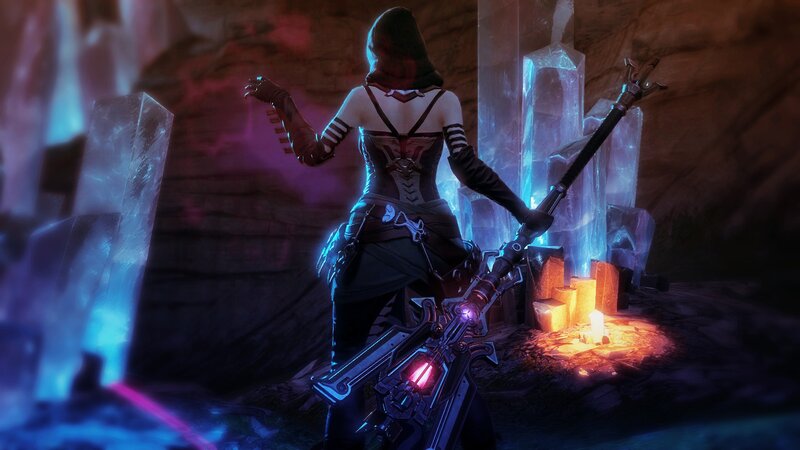 Female Character with Staff — Blue, Dramatic, Night, 3d Render