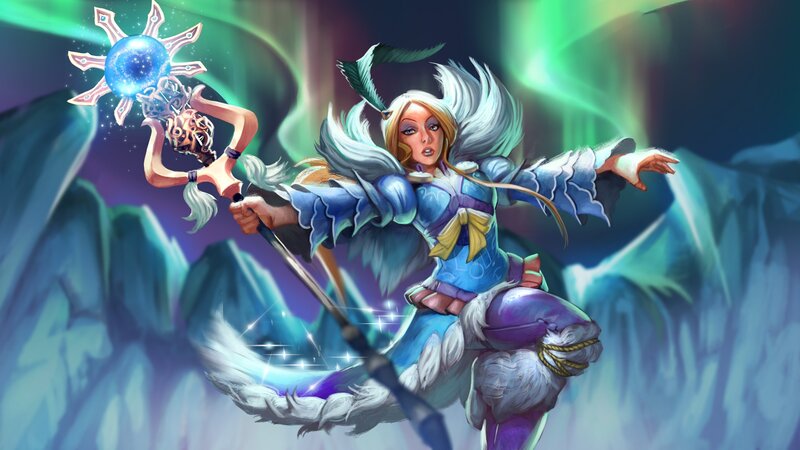 Female Character with Staff — Blue, Dramatic, Night, Digital Art, Aurora