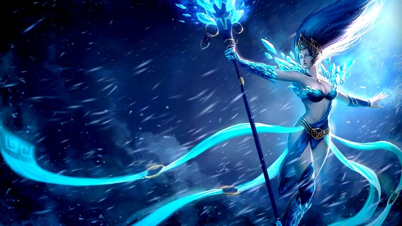 Female Character with Staff — Blue, Dramatic, Night, Digital Art, Ice Magic