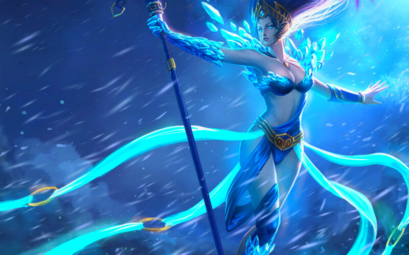 Female Character with Staff — Blue, Dramatic, Night, Digital Art, Ice Wings