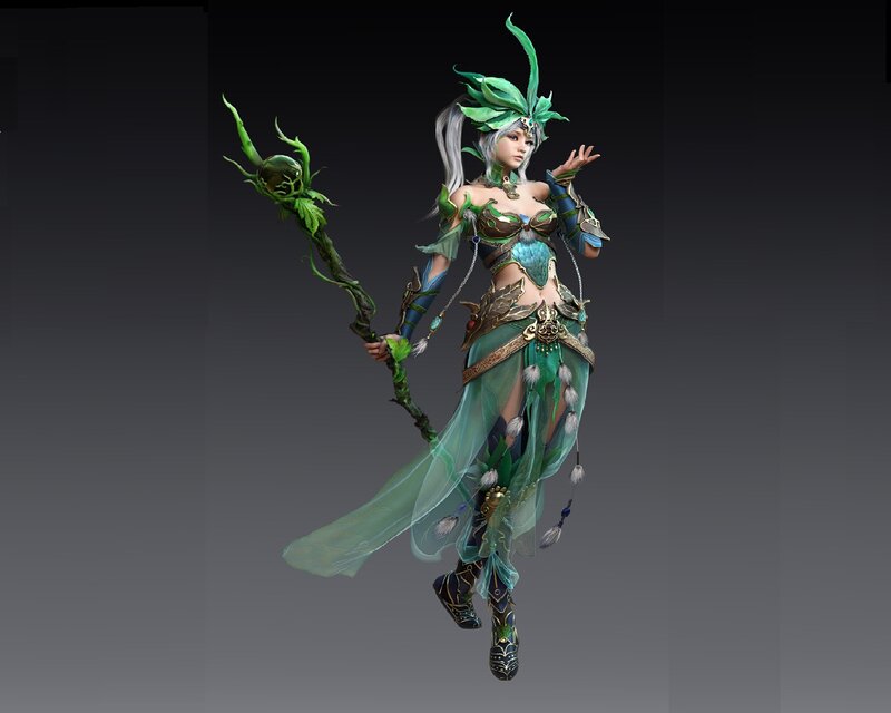 Female Character with Staff — Green, Dramatic