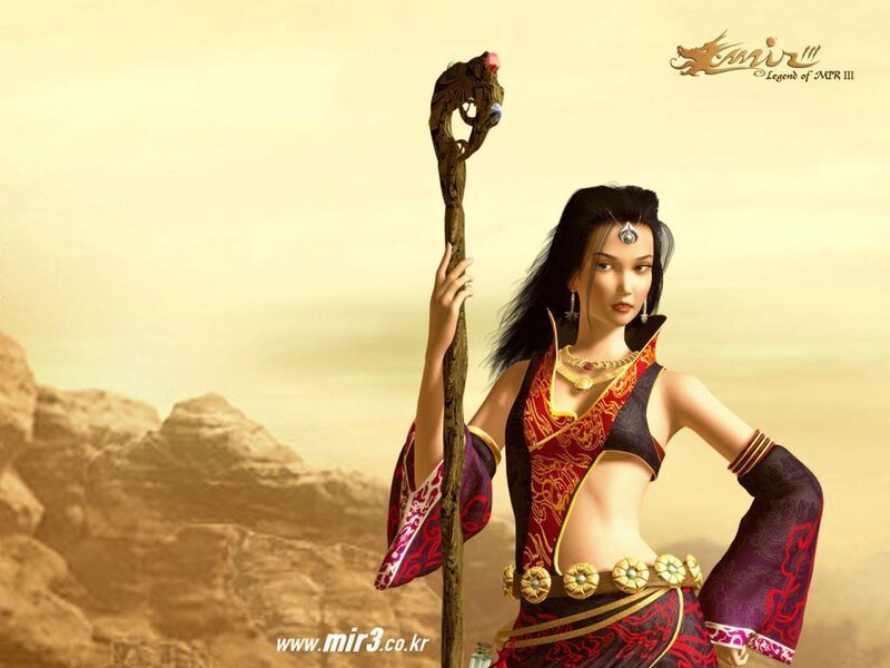 female character with staff in desert