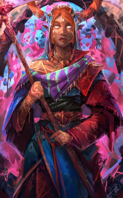 Female Character with Staff — Purple, Dramatic, Digital Art, Cape