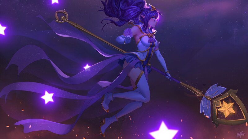 Female Character with Staff — Purple, Dramatic, Night, Digital Art, Stars