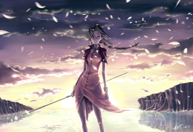 Female Character with Staff — Purple, Dramatic, Sunset, Digital Art, Feather-like Objects