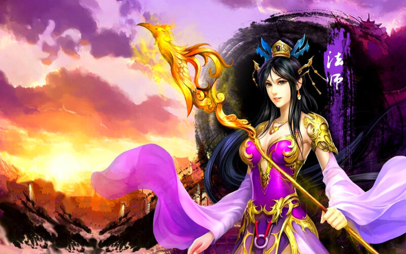 Female Character with Staff — Purple, Dramatic, Sunset, Digital Art, Sky