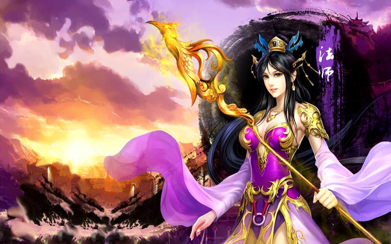 Female Character with Staff — Purple, Dramatic, Sunset, Digital Art