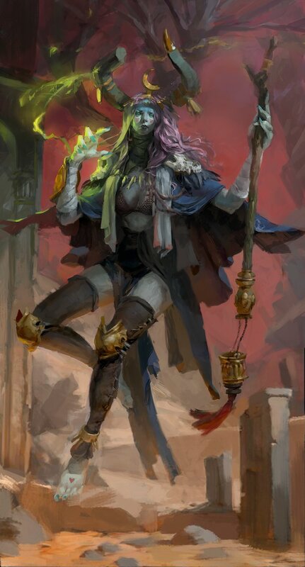 Female Character with Staff — Red, Dramatic, Digital Art, Horns