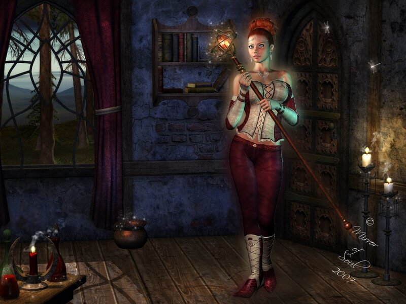 Female Character with Staff — Red, Dramatic, Night, Digital Art, Candles