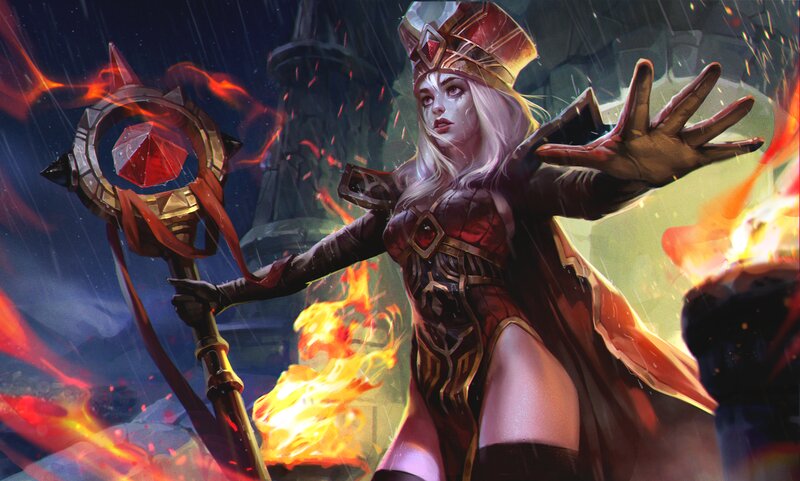 Female Character with Staff — Red, Dramatic, Night, Digital Art, Fire